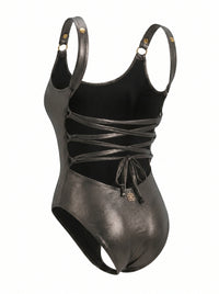 Black Eclipse Swimsuit, side view detail — wrap-style one-piece for D–HH cups — Rimoné Paris