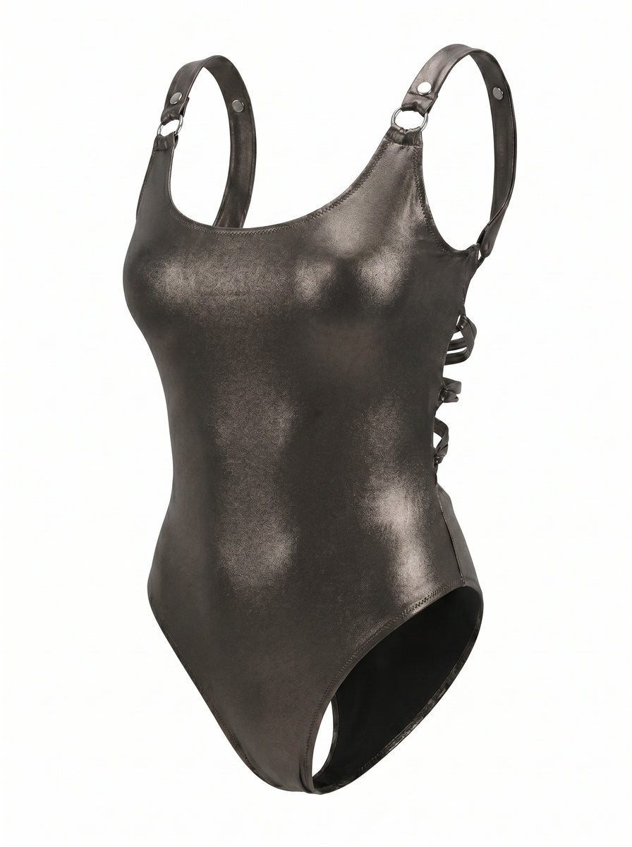 Black Eclipse Swimsuit, side view — wrap-style one-piece for D–HH cups — Rimoné Paris