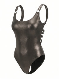 Black Eclipse Swimsuit, side view — wrap-style one-piece for D–HH cups — Rimoné Paris