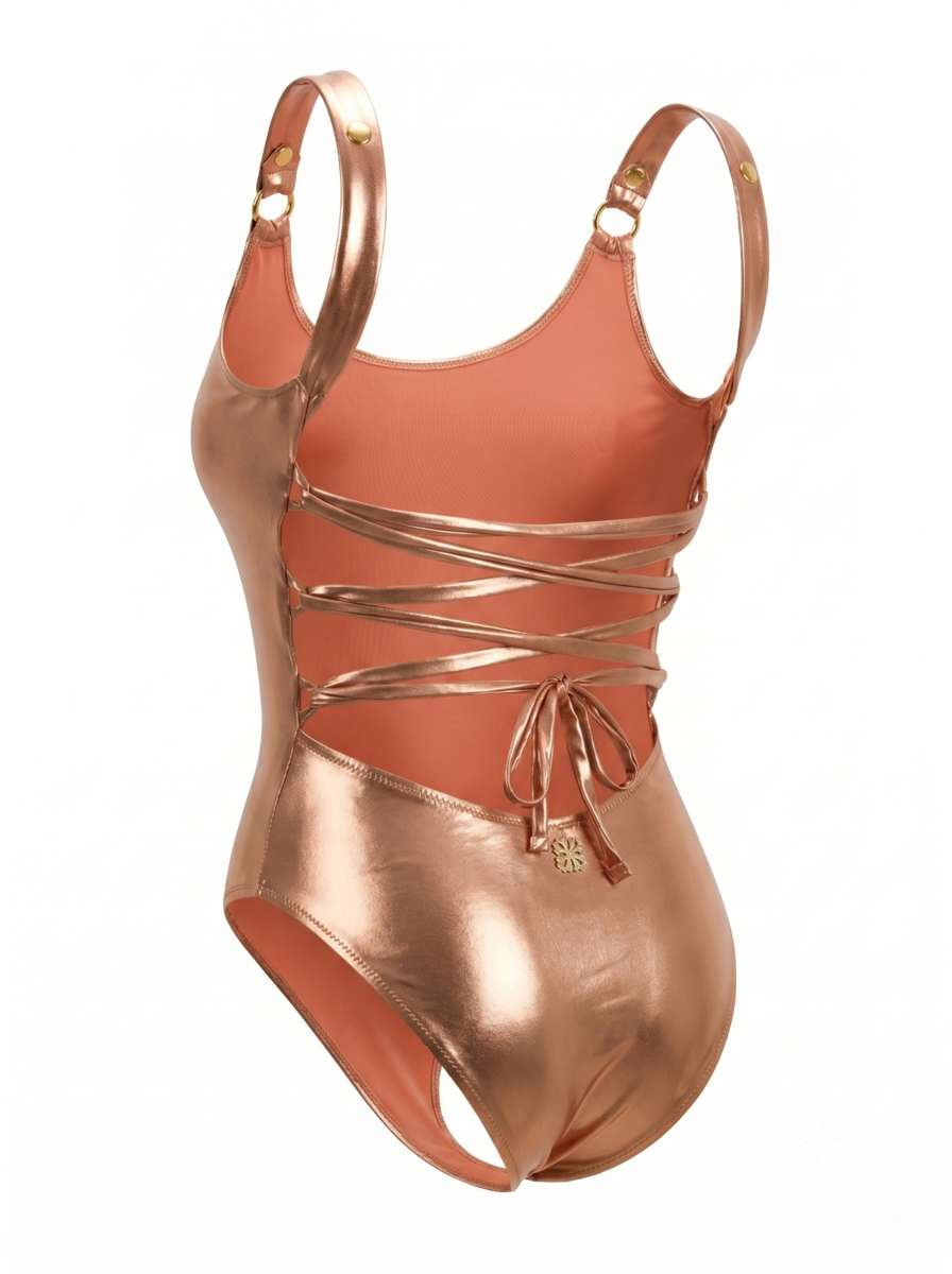 Bronze Eclipse Swimsuit, back view — wrap-style one-piece for D–HH cups — Rimoné Paris