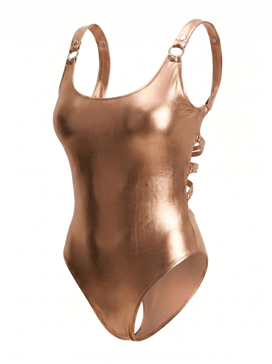 Bronze Eclipse Swimsuit, side view — wrap-style one-piece for D–HH cups — Rimoné Paris