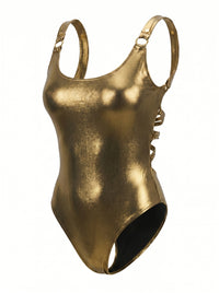 Gold Eclipse Swimsuit, side view — wrap-style one-piece for D–HH cups — Rimoné Paris