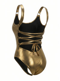 Gold Eclipse Swimsuit, back view — wrap-style one-piece for D–HH cups — Rimoné Paris