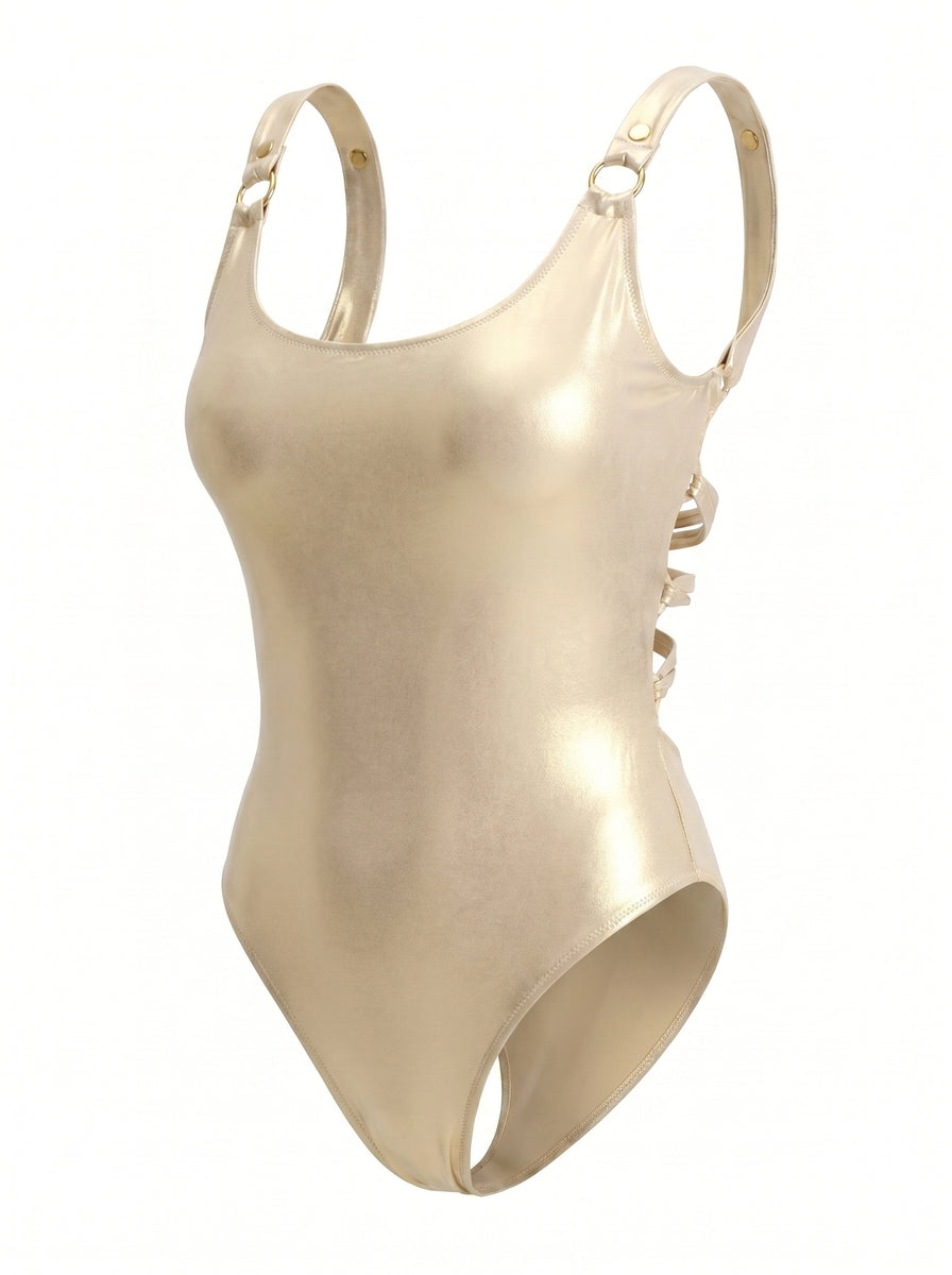 White Eclipse Swimsuit, side view — wrap-style one-piece for D–HH cups — Rimoné Paris