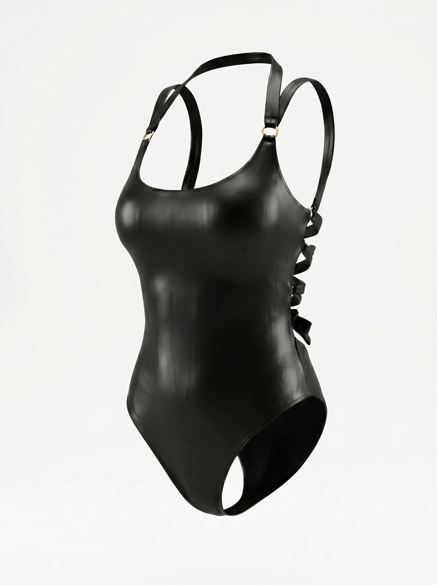 Black Eclipse Swimsuit, styled front view — wrap-style one-piece for D–HH cups — Rimoné Paris
