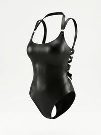Black Eclipse Swimsuit, styled front view — wrap-style one-piece for D–HH cups — Rimoné Paris