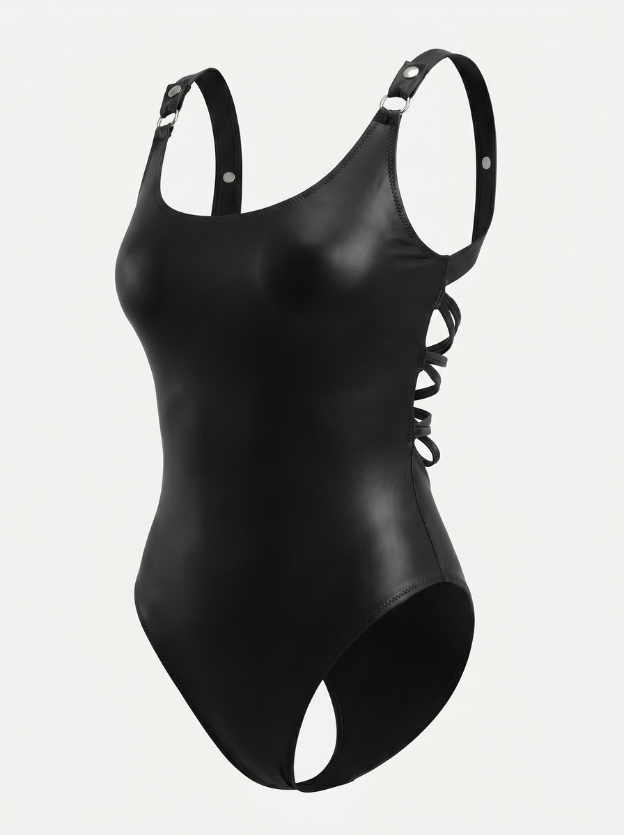 Black Eclipse Swimsuit, styled back view — wrap-style one-piece for D–HH cups — Rimoné Paris