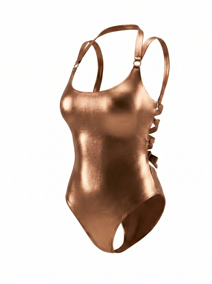 Bronze Eclipse Swimsuit, styled front view — wrap-style one-piece for D–HH cups — Rimoné Paris