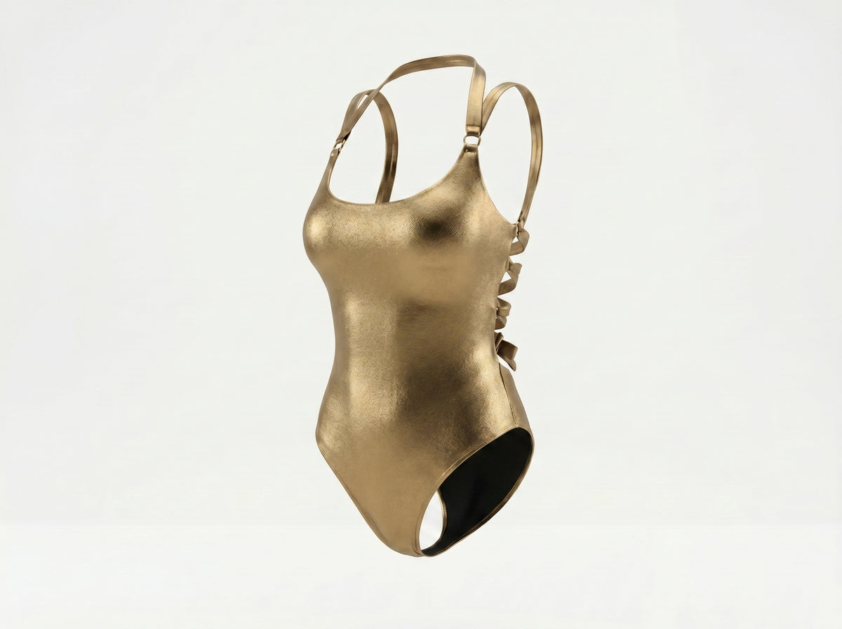 Gold Eclipse Swimsuit, styled front view — wrap-style one-piece for D–HH cups — Rimoné Paris