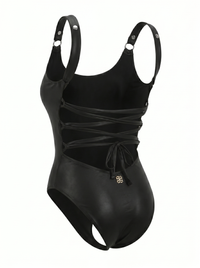 Black Eclipse Swimsuit, back view — wrap-style one-piece for D–HH cups — Rimoné Paris