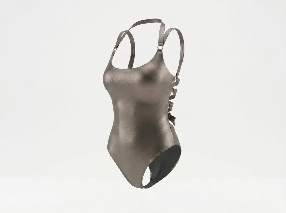 Silver Eclipse Swimsuit, styled front view — wrap-style one-piece for D–HH cups — Rimoné Paris