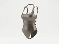 Silver Eclipse Swimsuit, styled front view — wrap-style one-piece for D–HH cups — Rimoné Paris