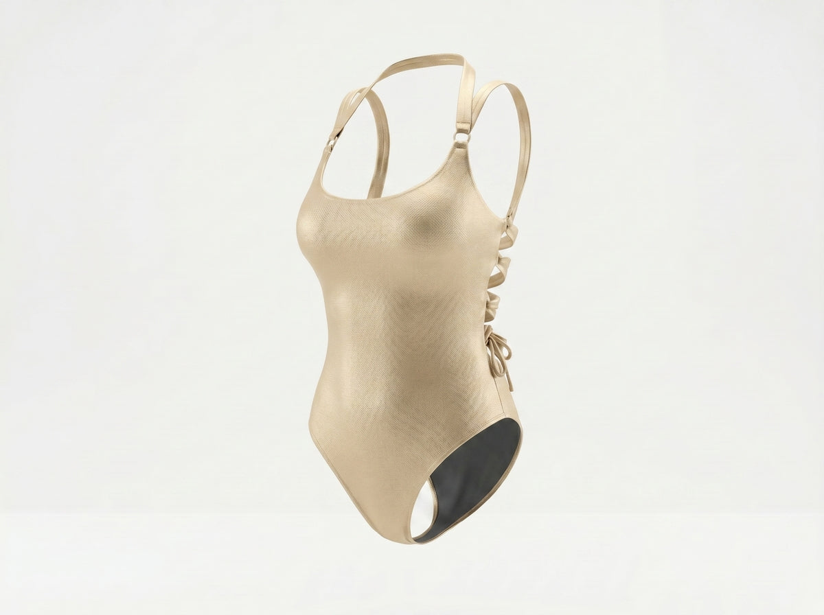 White Eclipse Swimsuit, styled front view — wrap-style one-piece for D–HH cups — Rimoné Paris
