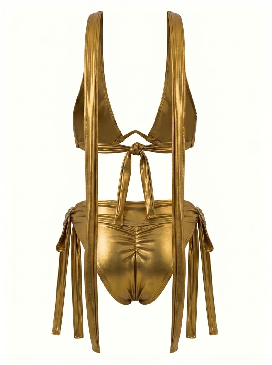 Gold Morpho Bikini, back view — high-waist bikini with expandable cups for C–HH — Rimoné Paris