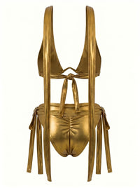 Gold Morpho Bikini, back view — high-waist bikini with expandable cups for C–HH — Rimoné Paris