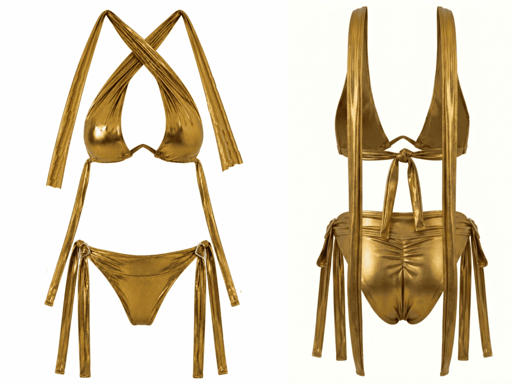 Gold Morpho Bikini, front and back views — high-waist bikini with expandable cups for C–HH — Rimoné Paris