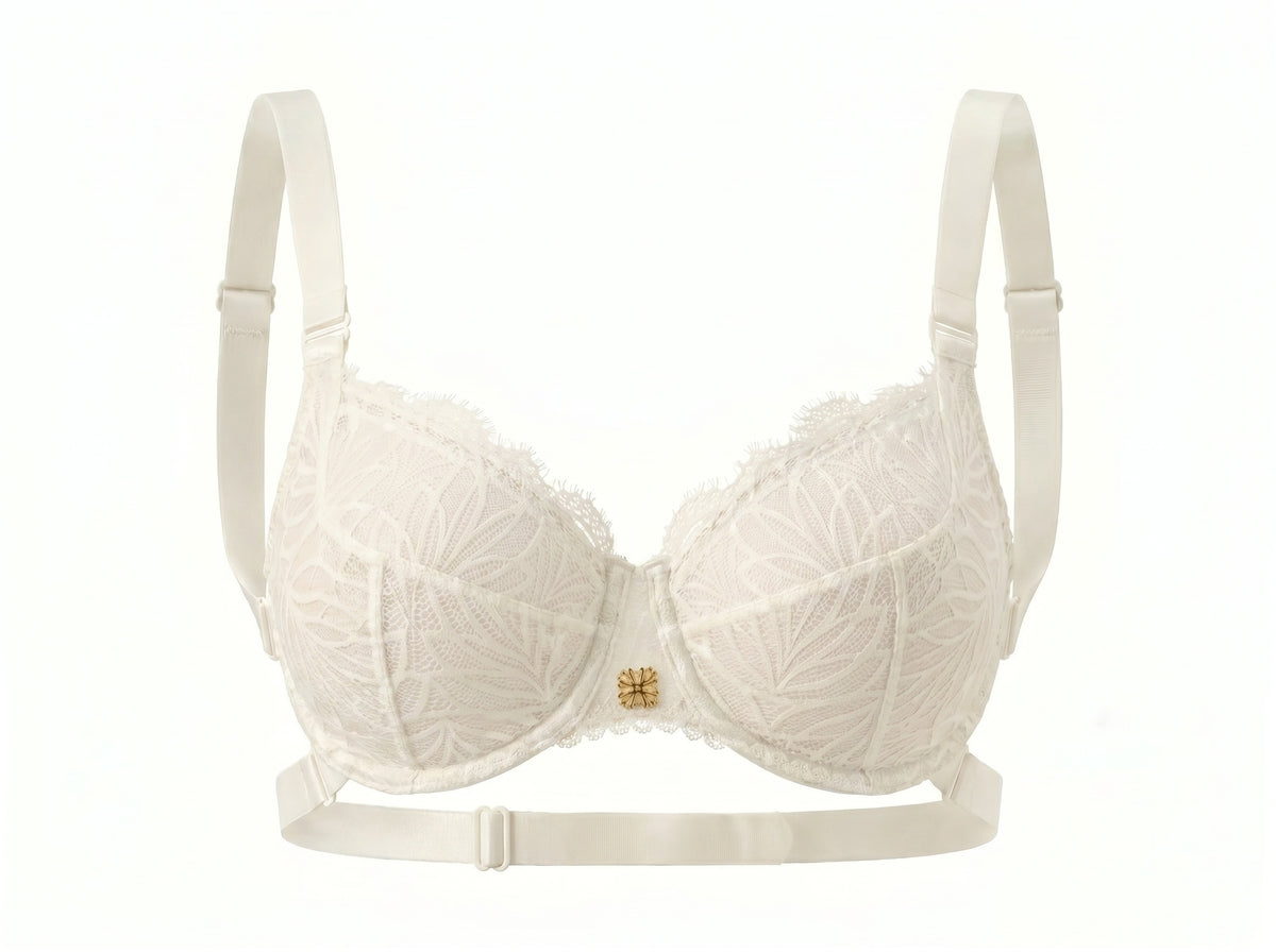 White Infini Bra, front view — everyday backless bra for D+ cups — Rimoné Paris