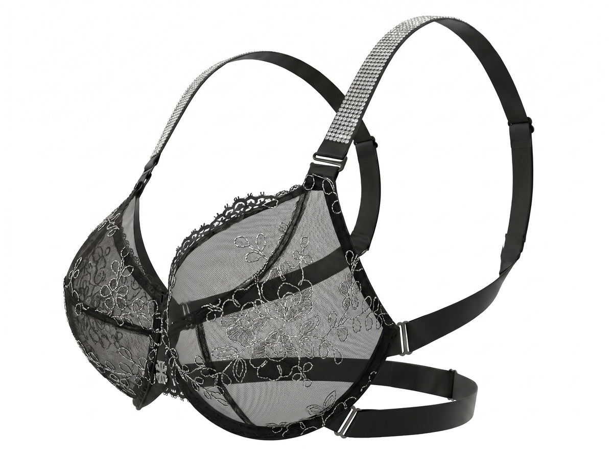 Infini Bra Lux in black and silver, side view — backless multi-way bra with adjustable band for D+ cups — Rimoné Paris