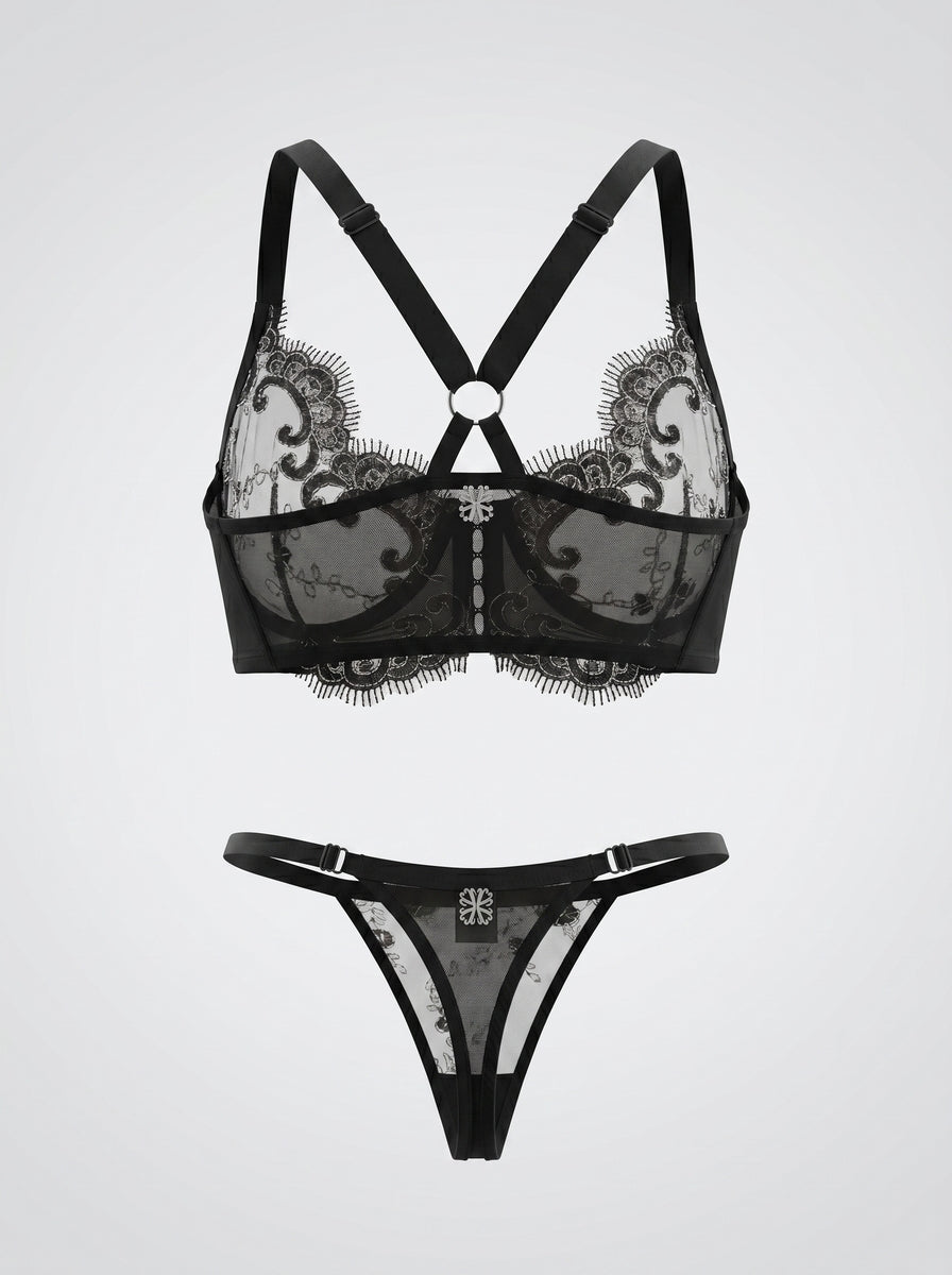 Black Jardin Bustier, back view — front-closure DD+ bra with wide ribcage band — Rimoné Paris