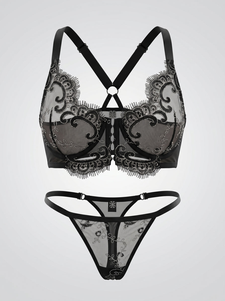 Black Jardin Bustier, front view — front-closure DD+ bra with wide ribcage band — Rimoné Paris