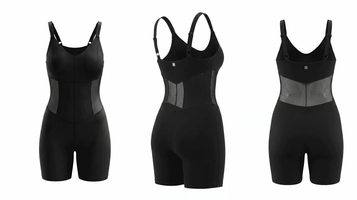 Vixen Corset Romper, all views — sculpting activewear romper in black — Rimoné Paris
